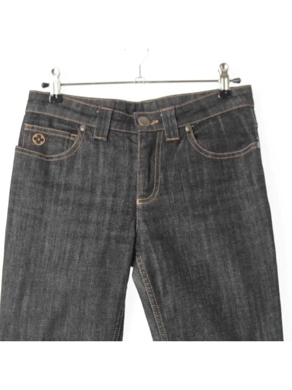 Louis Vuitton Cotton Monogram Emblem Logo Button Denim Pants Black 36